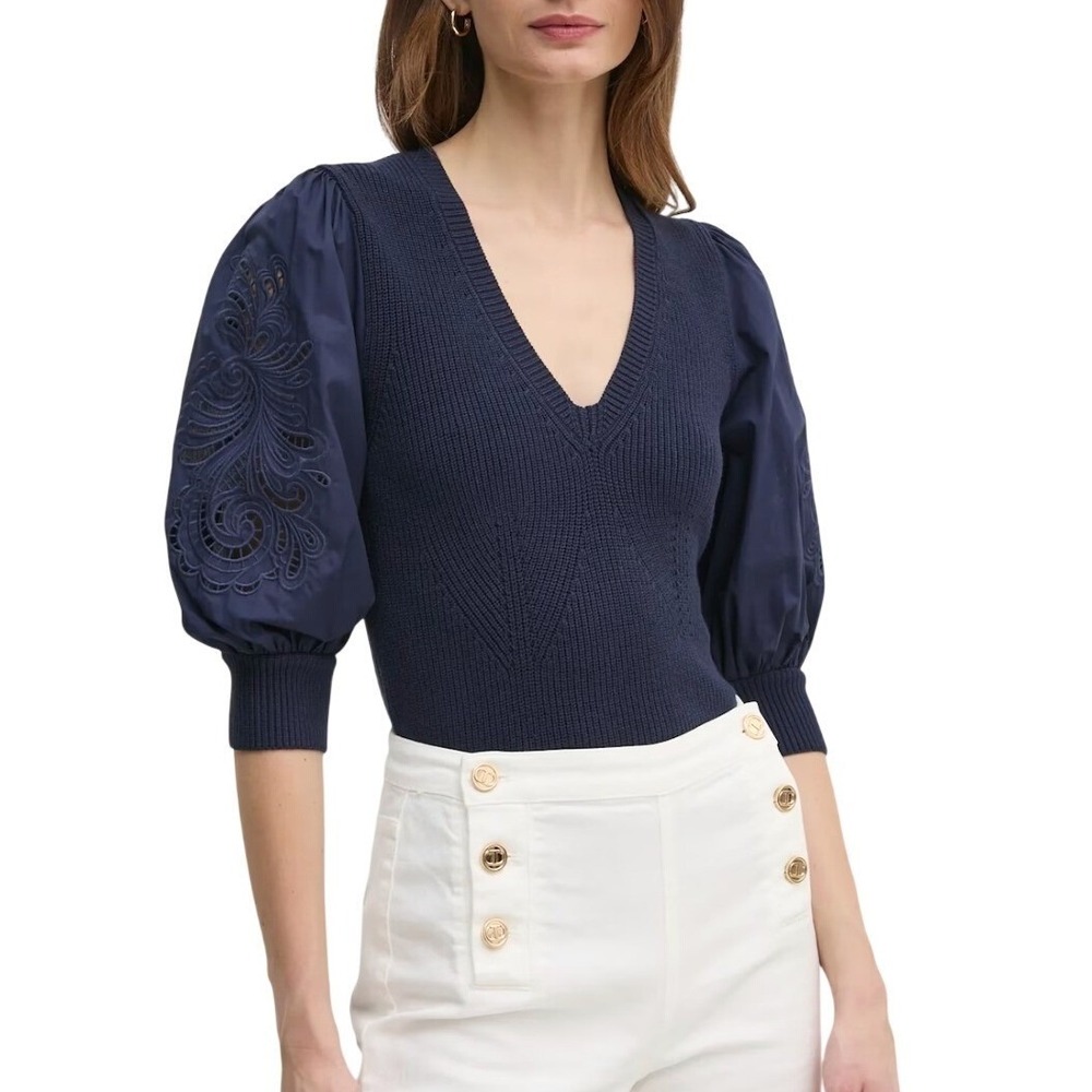 TWINSET Milano Ribbed Knit V-Neck Puff Sleeve Navy Blue‎ Sweater Size S